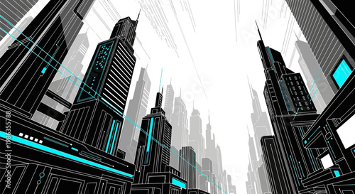 Futuristic city skyline vector illustration with modern buildings and glowing neon lines