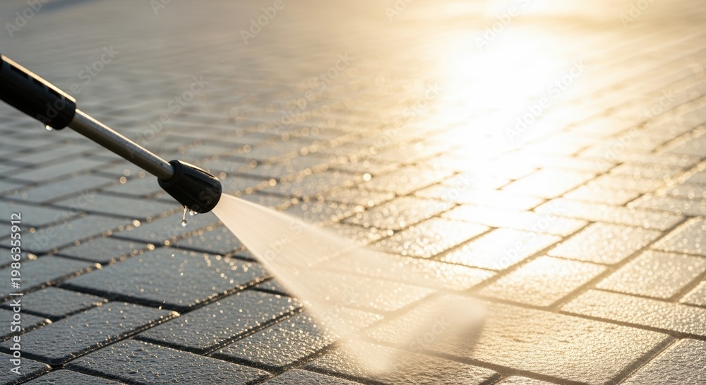 Fototapeta premium close up of pressure washing brick pavement in sunlight creating clean surface