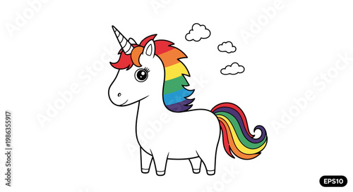 Cute unicorn with rainbow mane and tail