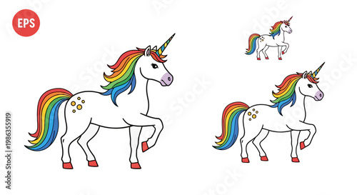 Cartoon unicorns with rainbow manes and tails