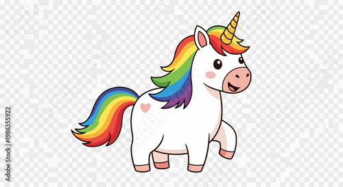 Cartoon unicorn with rainbow mane and tail