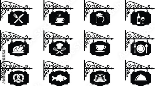Vintage restaurant and cafe signs with food and drink icons for signage design