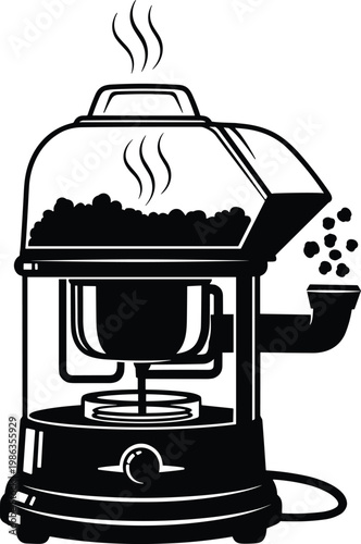 Vintage style black and white illustration of electric popcorn maker machine popping fresh snacks