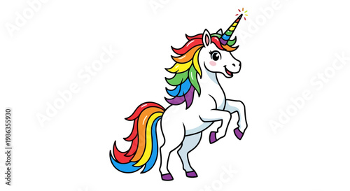 Cartoon unicorn with rainbow mane and tail