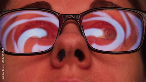 AI code on eyeglass glass, reflection on woman developer eyeglasses, working in dark office, tired busy people, depression on work, haker or it engineer with laptop, stocks markets. 