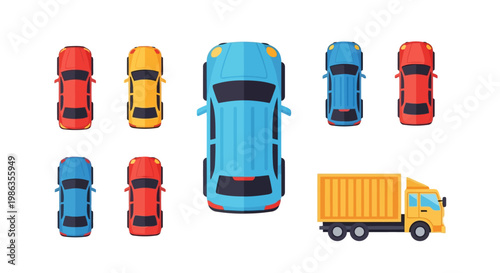 Top view of various vehicles, including cars and a truck, a