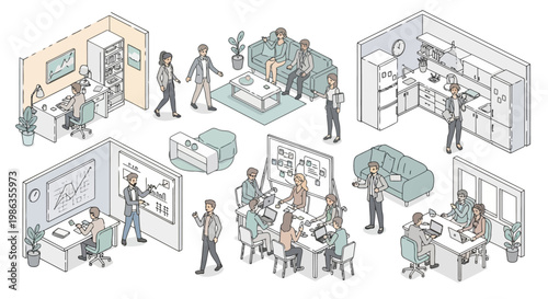 Isometric office scenes with business people working, meeting, and relaxing in a modern workspace