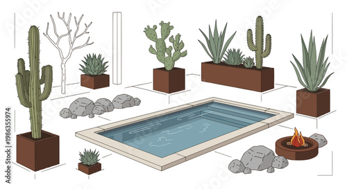 Modern backyard landscape design with swimming pool, cacti, and fire pit