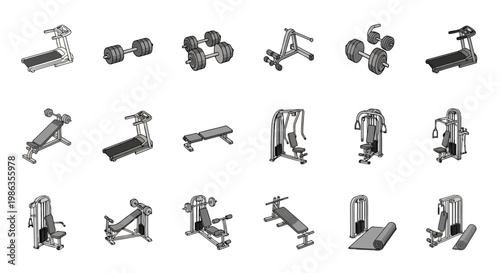 Set of gym equipment icons, isometric fitness machines and workout tools for bodybuilding and cardio training