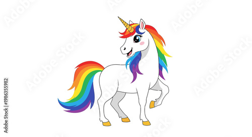 Cute cartoon unicorn with rainbow mane and tail