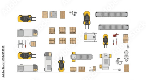 Warehouse logistics top view with forklift trucks, pallets, conveyor belts and cargo boxes