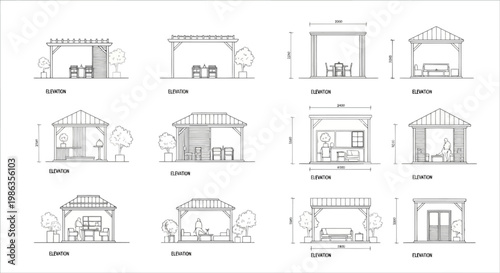 Set of architectural elevations of various garden gazebos and pergolas with furniture