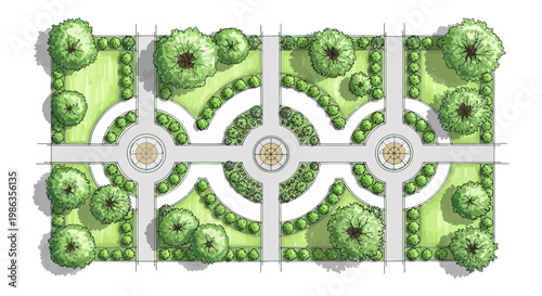 Top view of a formal garden landscape design with circular paths, fountains, trees, and manicured hedges