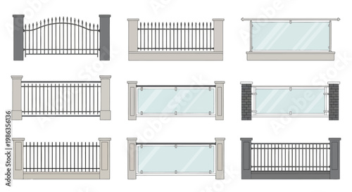 Set of various modern fence and railing designs with stone and metal pillars