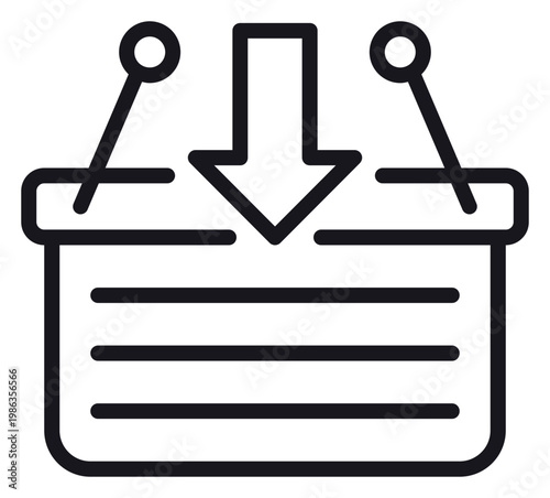 Fotografi Black line vector icon of a shopping basket with a downward arrow, representing adding items to a cart for e-commerce, online shopping, and retail purchase concepts, isolated on white background