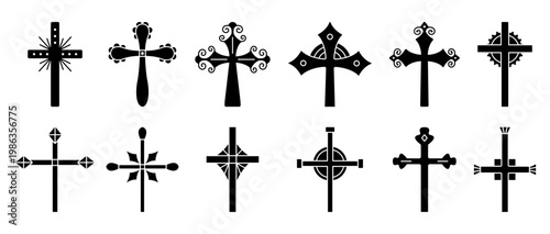 Christian cross black icon set. Monochrome solid decorative sign collection, isolated religious symbols, elegant various cliparts