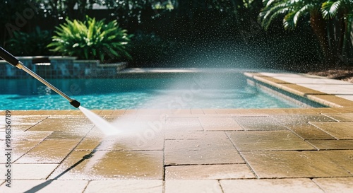 cleaning patio surface with pressure washer near a serene swimming pool in a backyard