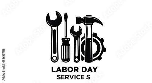 Labor Day service vector illustration, industrial repair tools with hammer and wrench, black and white construction equipment logo for maintenance