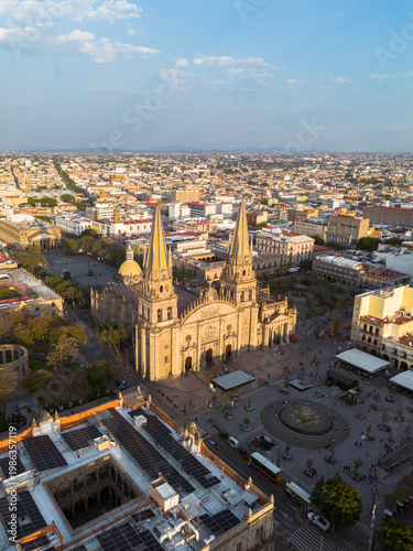 Aerial drone view of plaza and catherdral of Guadalajara, city of mexico