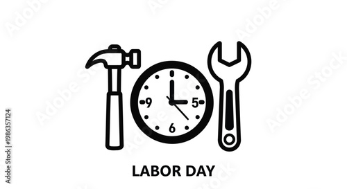 Labor Day vector icon with hammer, clock, and wrench. Industrial work tools and time management concept. Minimalist black line art for worker holiday.
