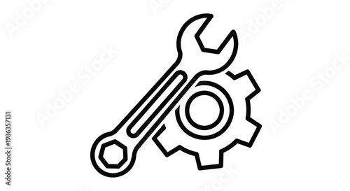 Minimalist wrench and gear icon vector, industrial repair and maintenance symbol, mechanical service and technical support outline graphic