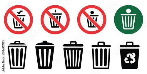 Waste management and recycling icon set symbols with red prohibition sign indicating no littering illegal dumping or restricted waste, environmental protection and cleanliness regulation concept vecto
