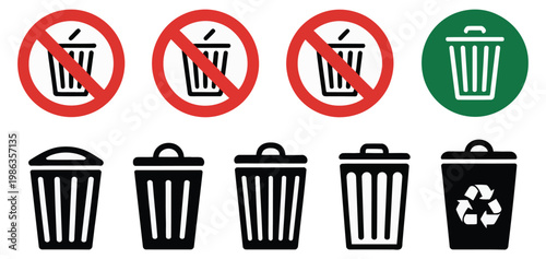 Waste management and recycling icon set symbols with red prohibition sign indicating no littering illegal dumping or restricted waste, environmental protection and cleanliness regulation concept vecto