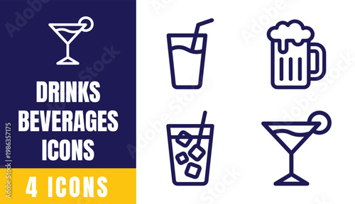 Drinks and Beverages Line Icons Set — Cocktail, Beer Mug, Tall Glass, Iced Drink, Martini Vector Collection