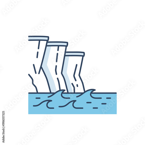 Graphic illustration of icebergs melting in ocean water.