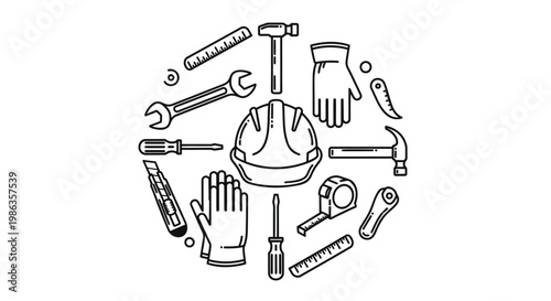 Minimalist construction tools vector icons, black and white industrial equipment set, circular work safety gear and hardware tools illustration