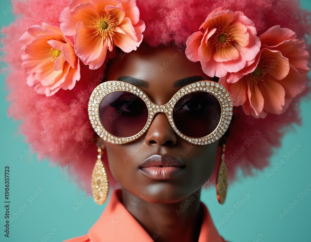 Fototapeta premium Woman with pink afro hair, coral flowers, and gem adorned sunglasses. She wears large gold earrings and a coral shirt. Her look is bold and fashionable.