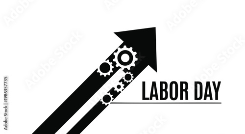 Labor Day industrial concept vector, rising arrow with mechanical gears and cogs, black and white business growth graphic for workforce celebration