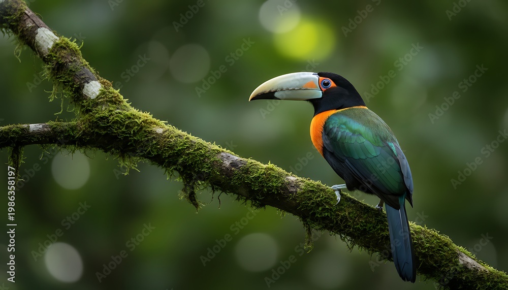 Fototapeta premium Toucan perched on a mossy branch in a lush rainforest with rainforest wildlife tropical avifauna