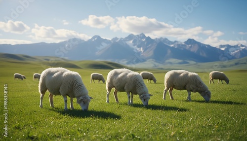 Sheep grazing in a lush green meadow with majestic snow-capped mountains in the background under