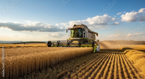 Golden Wheat Field Harvested By Combine Harvester Under A Blue Summer Sky With Fluffy Clouds