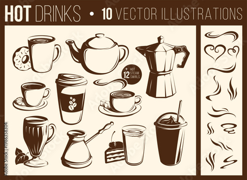 10 vector illustrations of cups, mugs, glasses with hot beverages (tea, coffee, milk, etc.), as well as tea and coffee pots and additional food elements like desserts and hot steam graphics.
