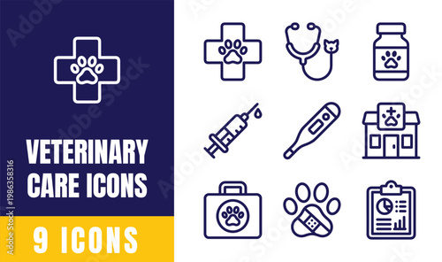 Veterinary Care Line Icons Set — Paw Cross, Stethoscope, Syringe, Thermometer, First Aid, Clinic Vector