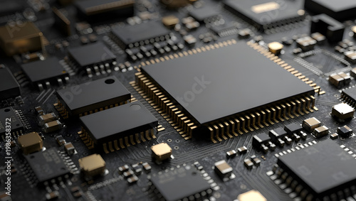 Microchip processor on motherboard close up, electronic circuit design, high performance computing hardware, semiconductor technology and modern digital system background