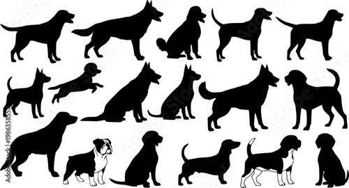 Collection of standing, sitting, and running dog silhouettes, various action poses