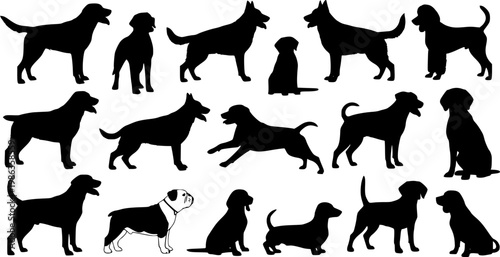Collection of standing, sitting, and running dog silhouettes, various action poses