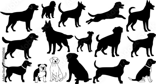 Collection of standing, sitting, and running dog silhouettes, various action poses
