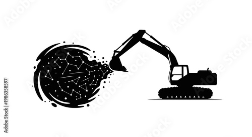 Excavator digging into a pile of rubble.