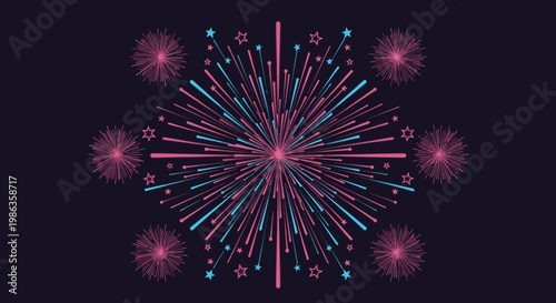 Vibrant pink and blue fireworks explosion on dark background