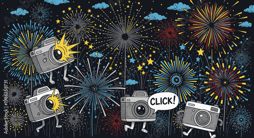 Cameras celebrating with fireworks and click button