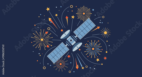 Satellite launch celebration with fireworks and sparks in space