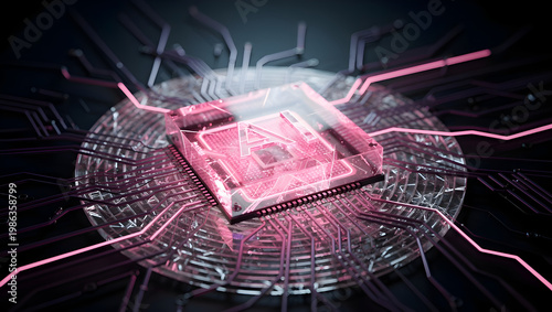 Futuristic quantum processor concept with glowing chip core, high speed data processing, advanced computing technology, digital network system and artificial intelligence power