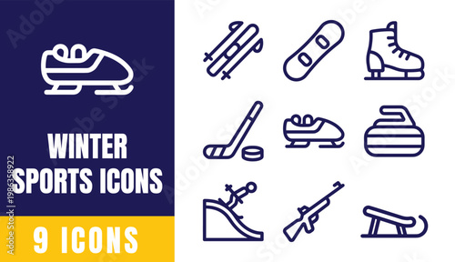 Winter Sports Line Icons Set — Ice Skates, Skis, Snowboard, Hockey Stick, Curling Vector Collection