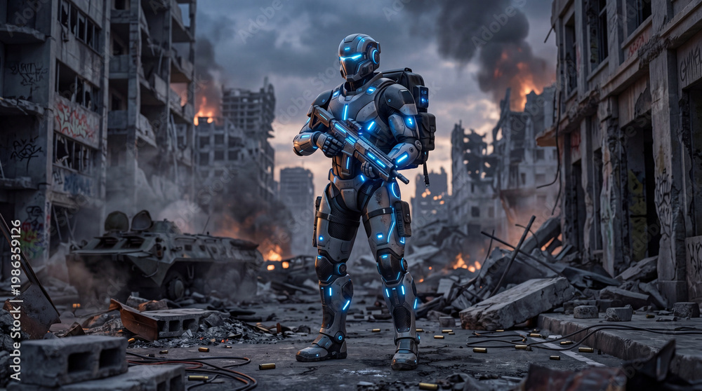 Fototapeta premium Futuristic soldier standing in war torn city ruins with weapon