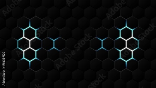 Futuristic hexagonal side panels with cyan neon pulsing light. Abstract tech background with central copy space. High-tech geometric motion graphic for gaming, servers, and digital interfaces.