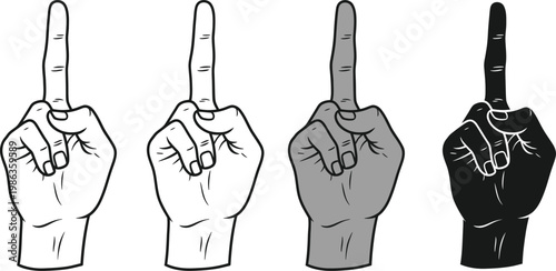 Offensive hand gesture icon set four variations in black and white styles